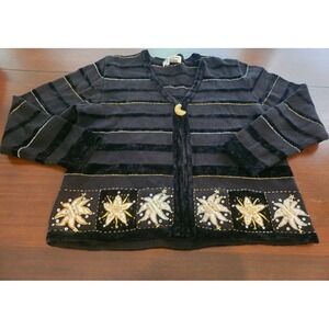 Jack B Quick Cardigan Women Large Black‎ Beaded Embroidered Christmas Holiday